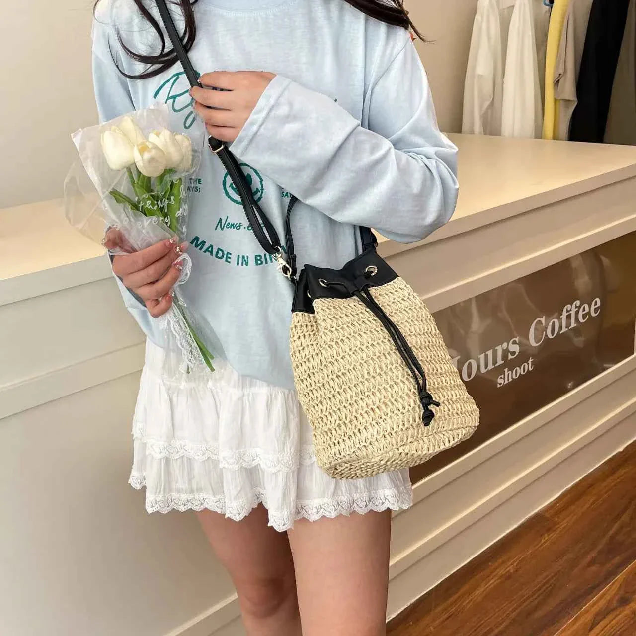Straw Woven Crossbody Bag with Black Drawstring Beige onesize 9f9a70680f2b4e5b9a8e119e495630cf-Max-Origin