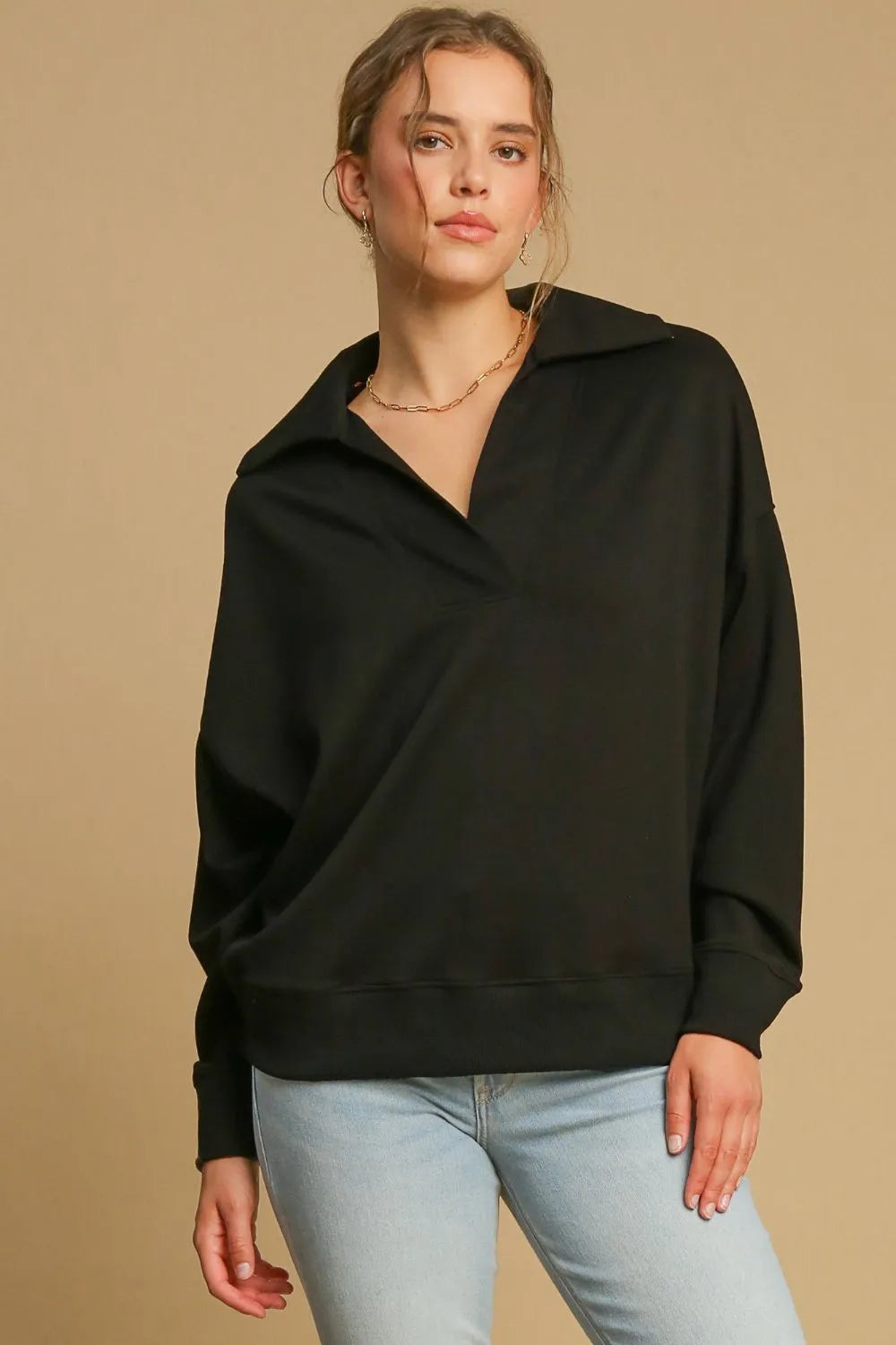 Umgee Johnny Collar Dropped Shoulder Sweatshirt Black 9f9c13c7-1470-4465-983a-dbe6d09dfc67-Max