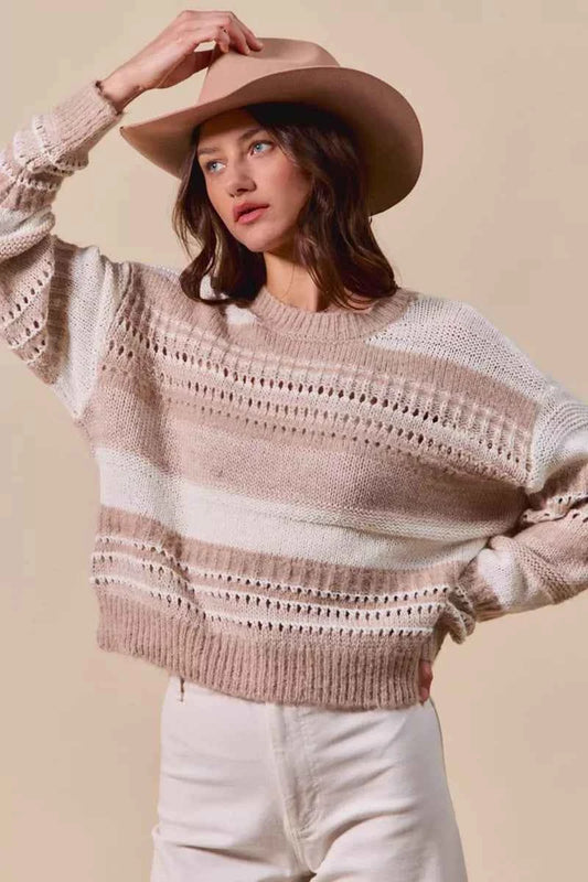 Variegated Stripe Textured Loose Fit Sweater 9fa0db0ba3cd42c696e122553c3e21a9-Max-Origin