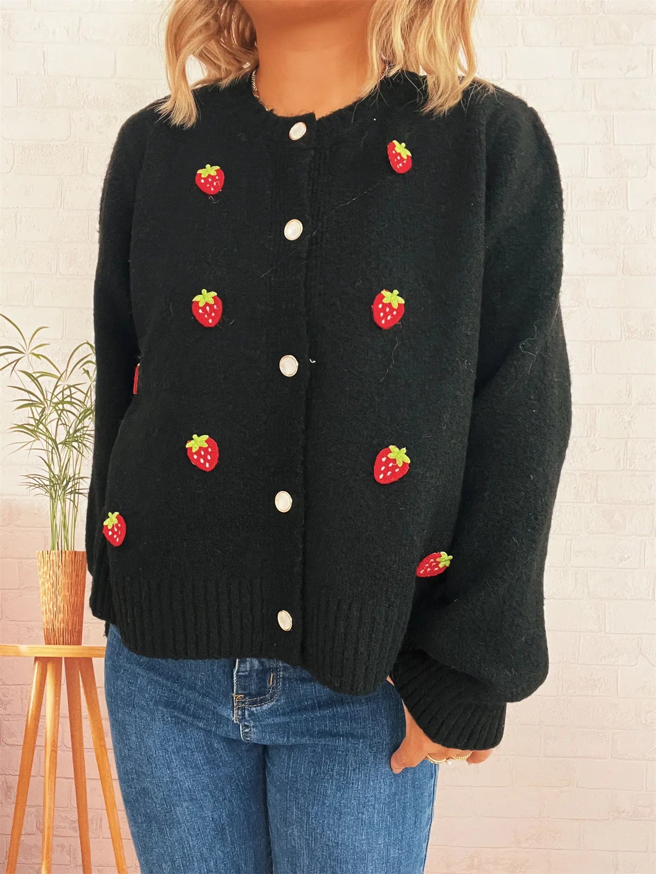 Strawberry Button Up Long Sleeve Cardigan Black One Size 9fa0fd868cc645a0bdb0283ac8b5b692-Max-Origin