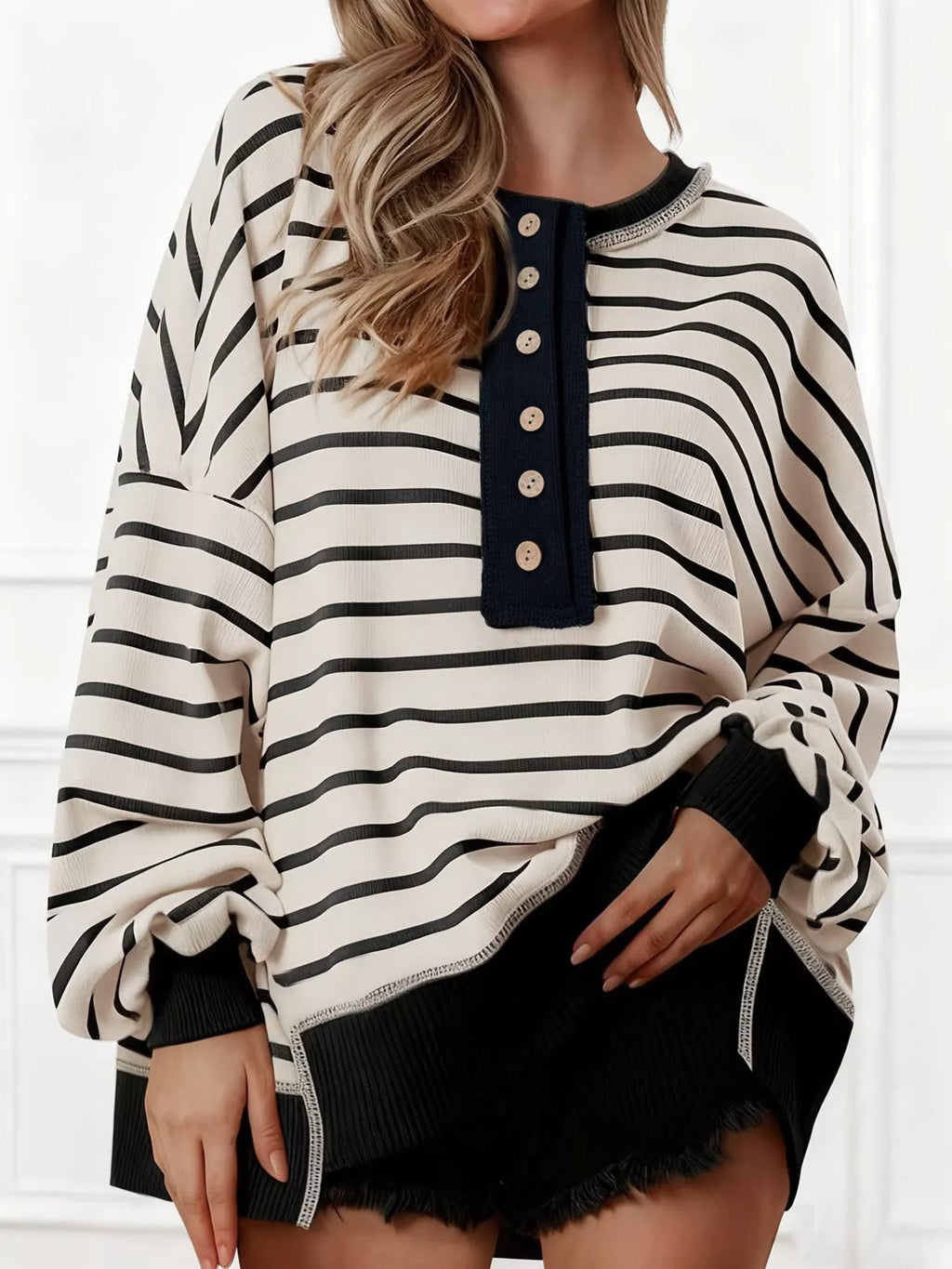 Striped Button Detail Casual Sweatshirt 9faa3abc87fd4b3a85fa662f624d0191-Max-Origin