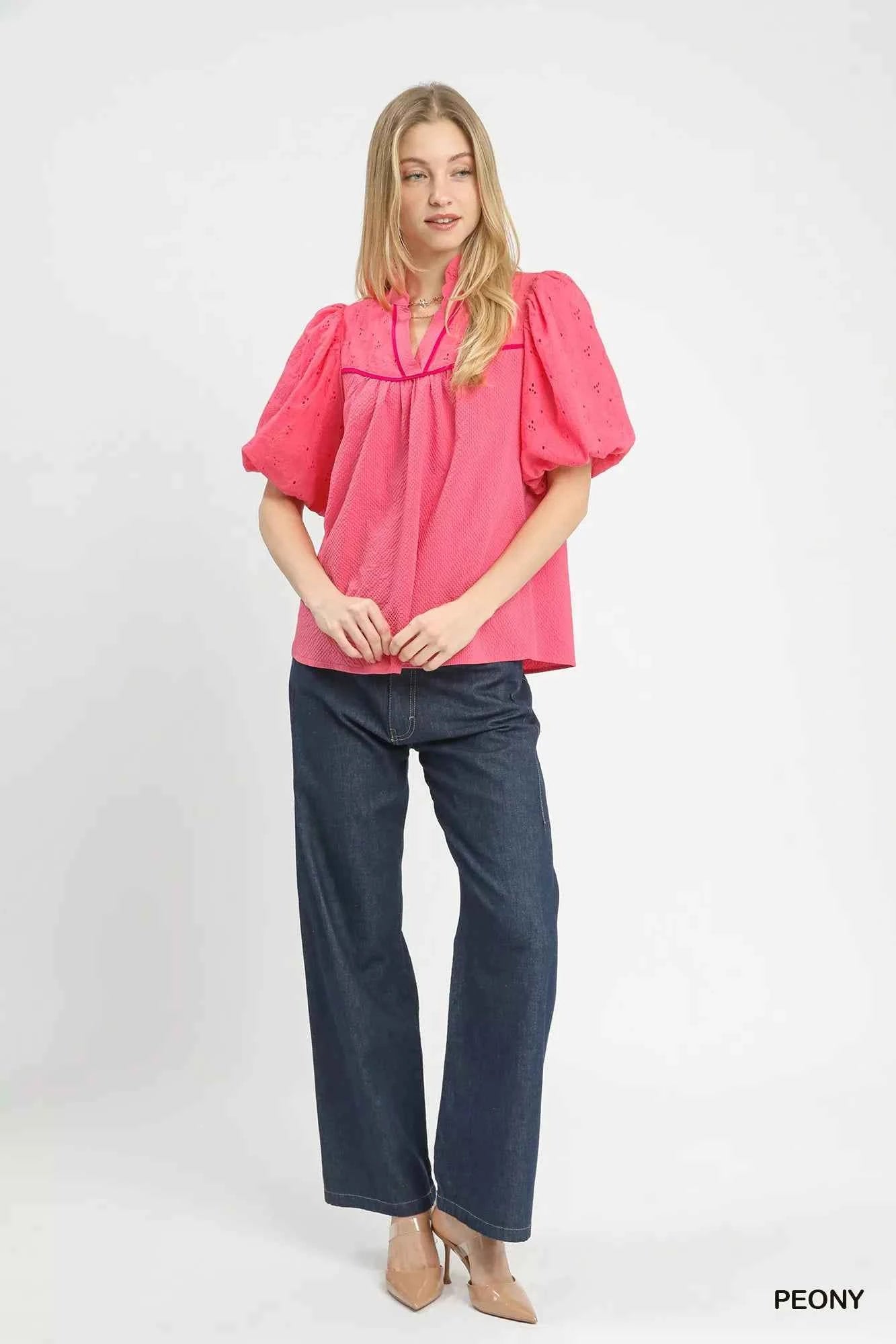 Umgee Puff Sleeve Eyelet Mix Top with Contrast Piping 9faee8bc-a505-45c9-b1d1-3765437e6f23-Max-Origin