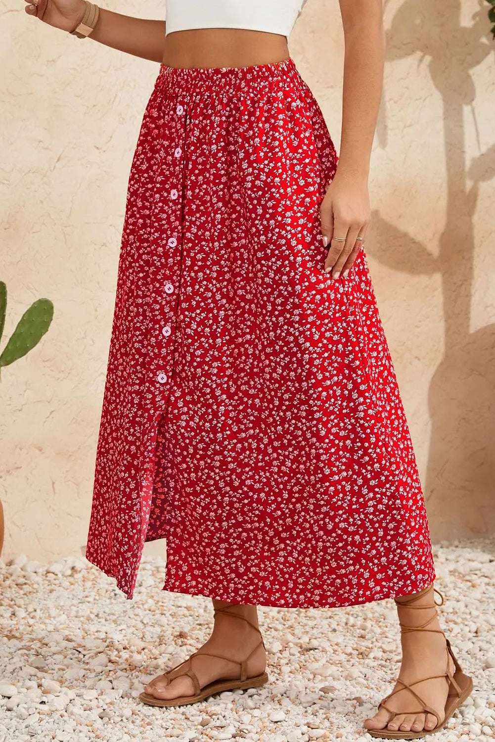 Red Floral Print Button Down Skirt 9fb0faecb7b9999a