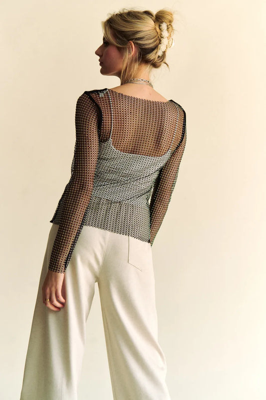 Davi & Dani Sparkling Rhinestone Sheer Mesh Round Neck Top 9fb23531-5c58-4970-870a-495e8f88a305-Max