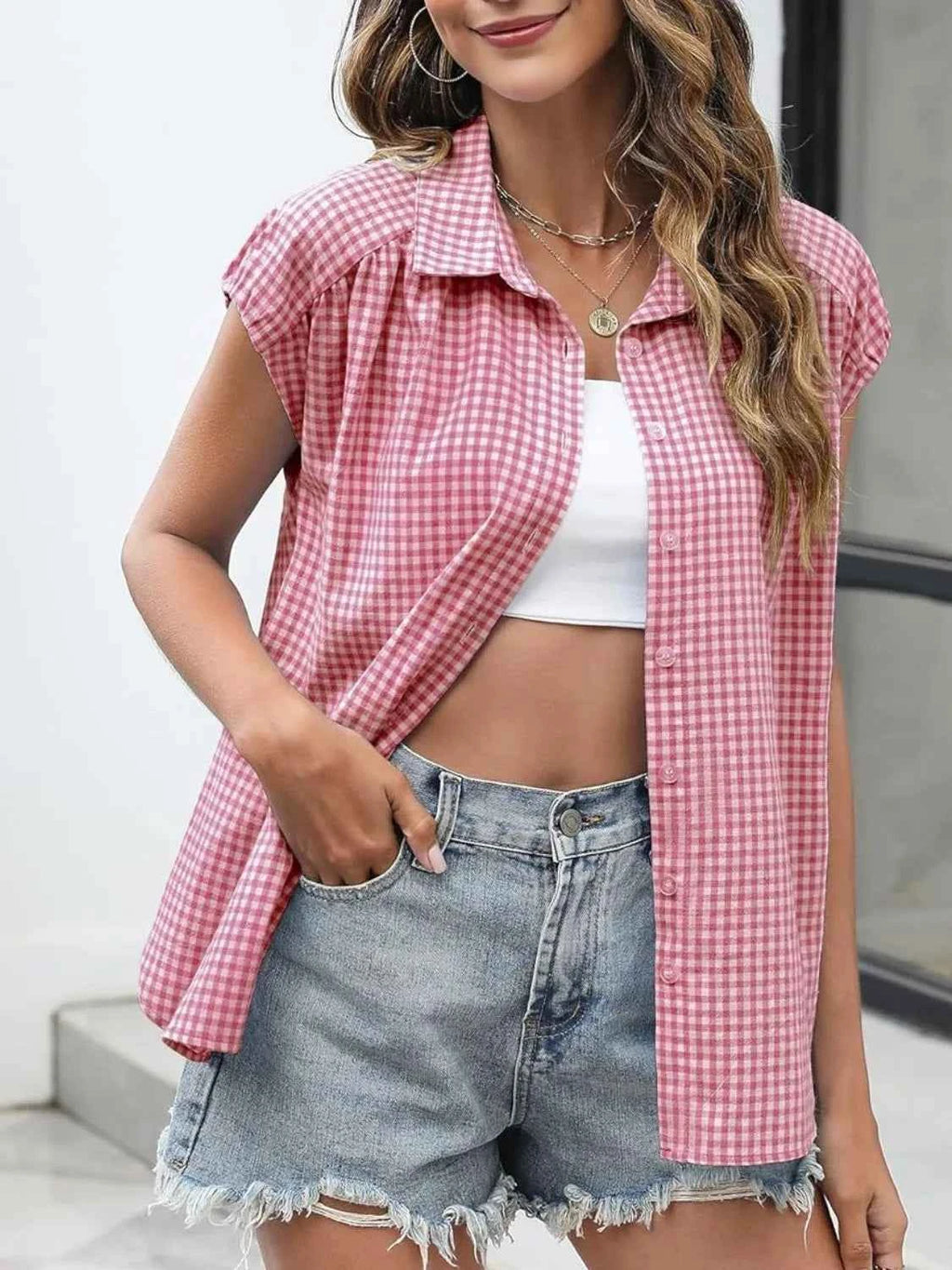 Plaid Button Up Cap Sleeve Shirt 9fb297f2-6321-4976-a172-274e52162bcb-Max-Origin
