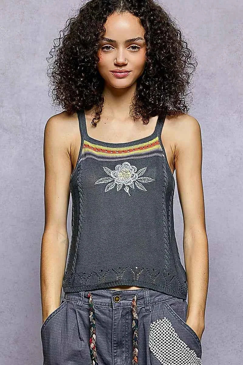 POL Embroidered Floral Square Neck Knit Cami CHARCOAL 9fb8a9e3-620a-469f-b946-004c7b9672c7-Max-Origin