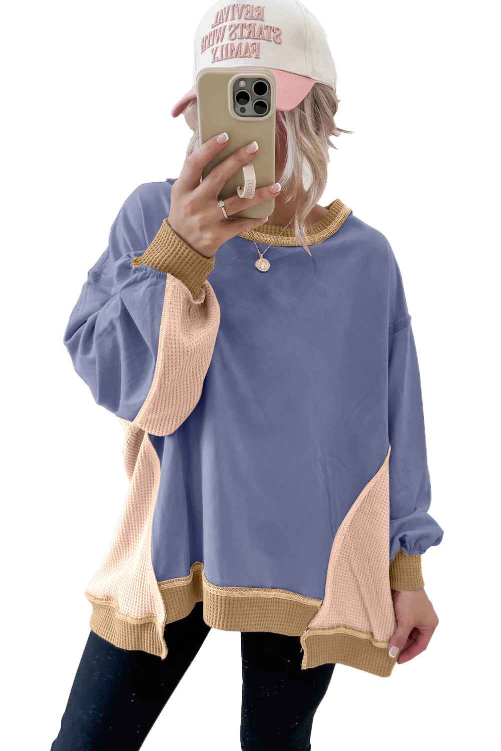 Smoke Green Colorblock Waffle Patchwork Oversize Sweatshirt 9fc31c2f8fe8373f