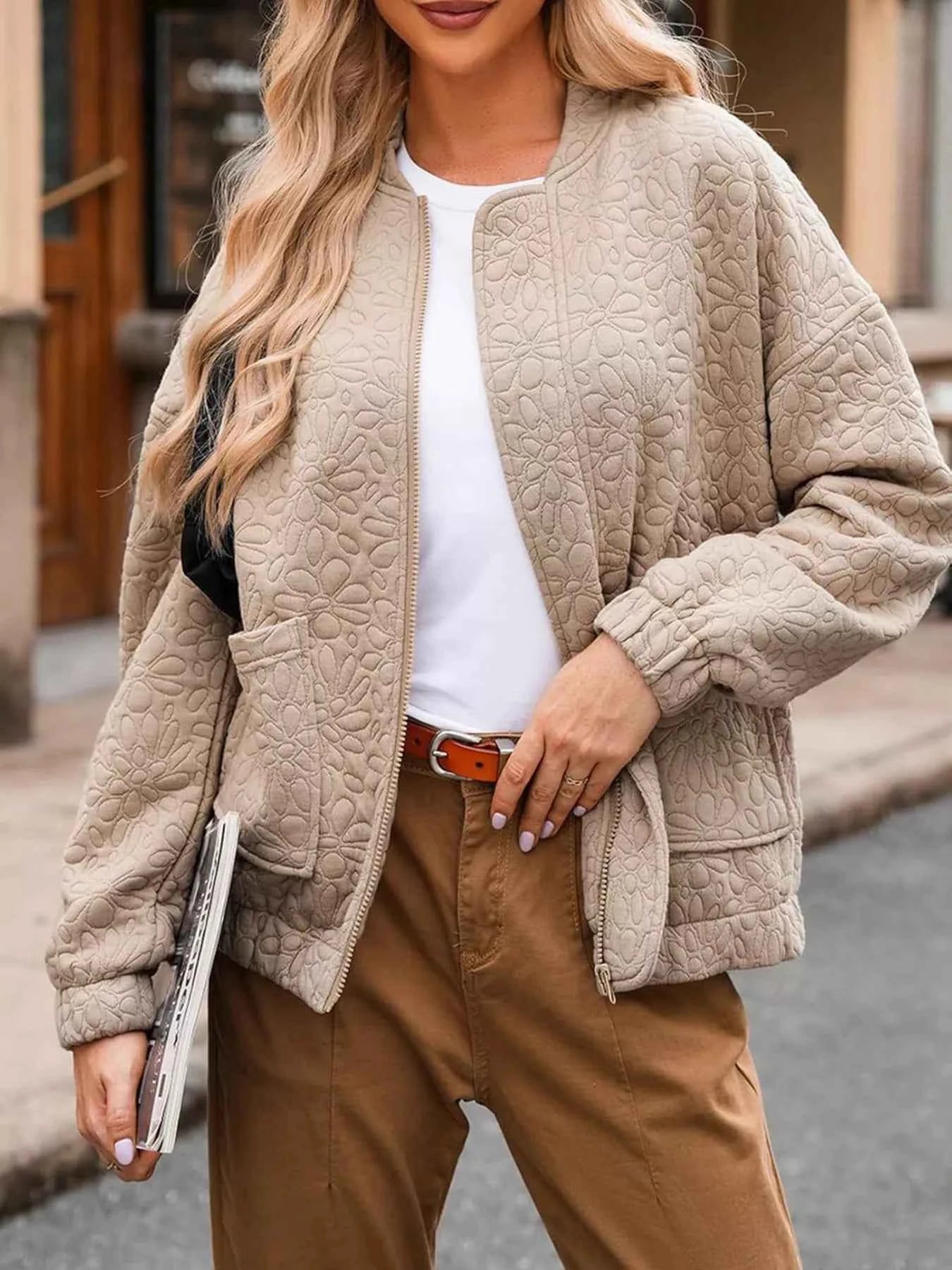 Full Size Floral Quilted Zip Up Jacket Plus Size Khaki 9fc4dc6615604a4fa153cf86c29920f2-Max-Origin