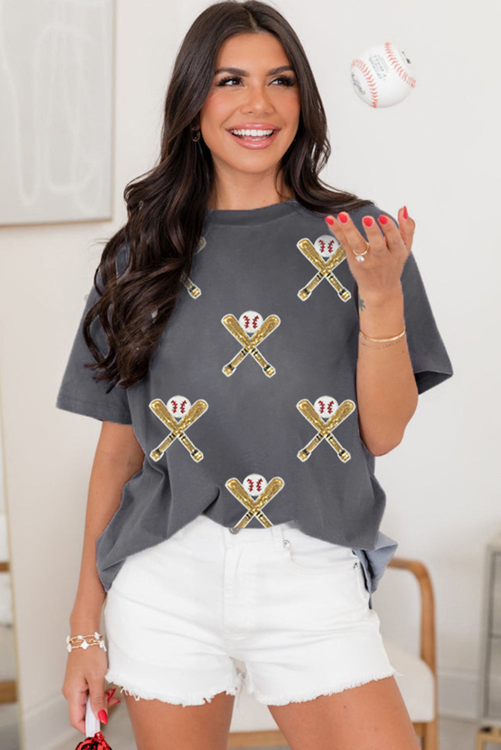Gray Sequin Baseball Bat Graphic Game Day Casual Tee 9fcd02a6ec3692df