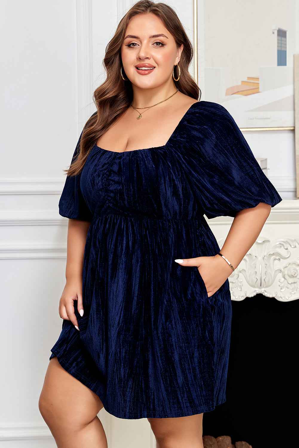 Navy Blue Velvet Ruched Bust Square Neck Short Puff Sleeve Plus Dress 9fcf3d4ceec0008a
