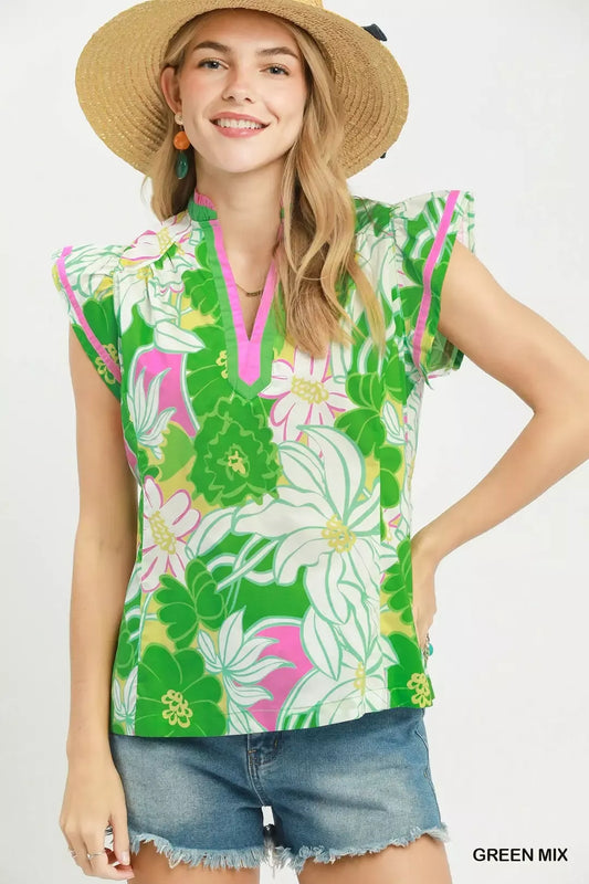 Bold Floral Flutter Sleeve Top GREEN MIX 9fd0deca-ccad-4ede-8c4d-34a037fdcc7d-Max-Origin