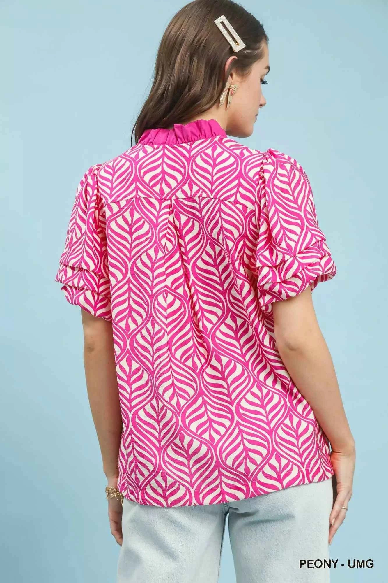 Umgee Printed Puff Sleeve Ruffle Neck Top 9fd8db63-1787-4bc6-93aa-0c1ec4eb71d7-Max-Origin