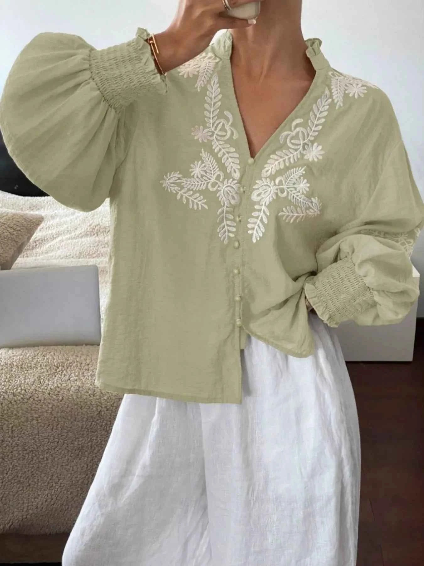 Embroidered Long Sleeve Blouse Light Green 9fdd83a4045a45b8a82b397b5ad9ff21-Max-Origin