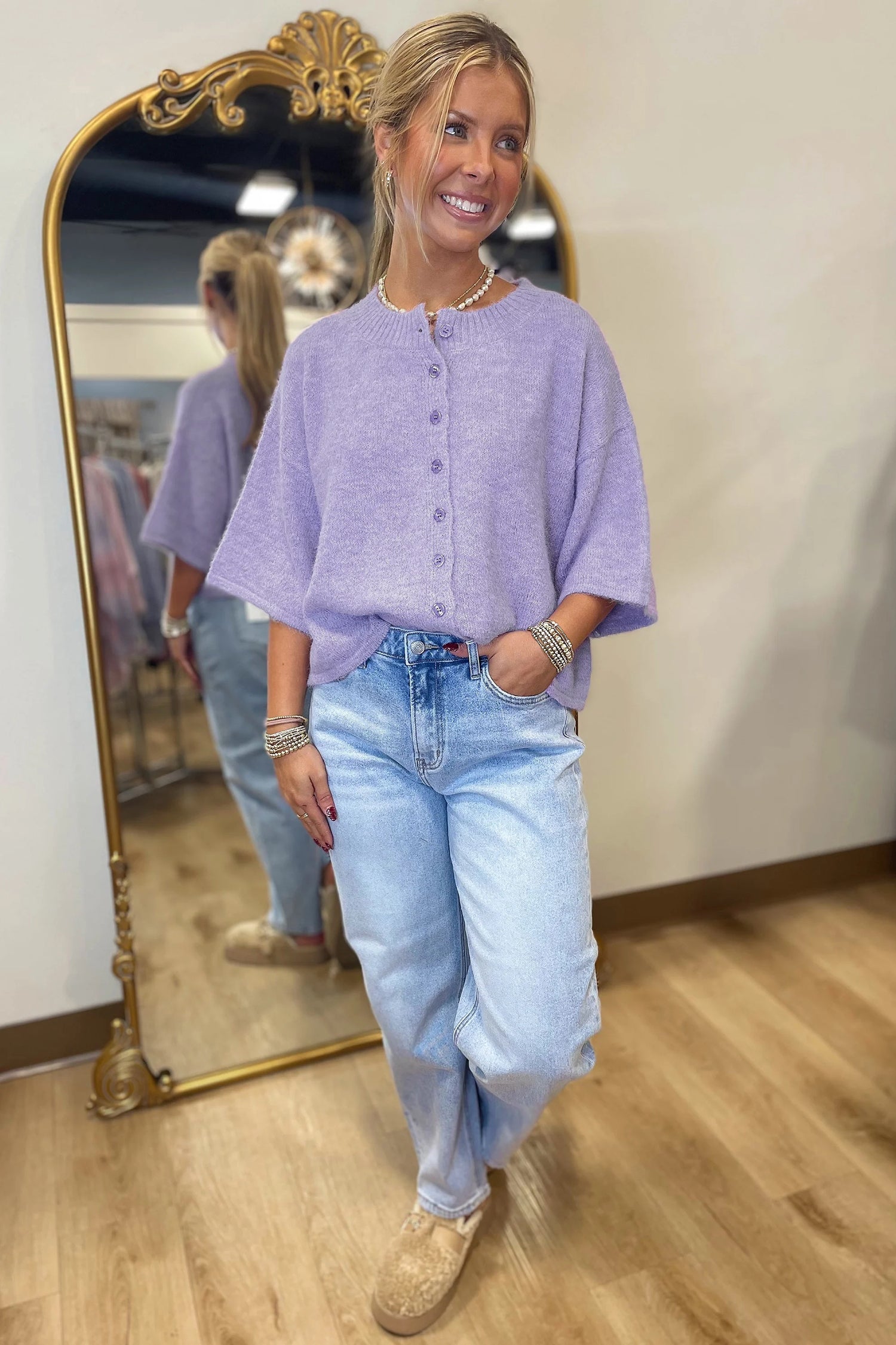 Lavendula 3/4 Sleeve Boxy Knit Button Down Sweater Cardigan 9fddfc9c06aa38db