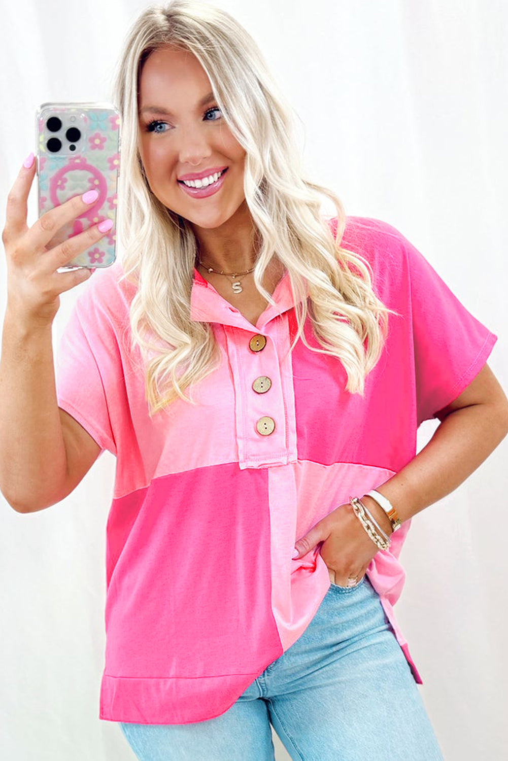 Mint Green Colorblock Half Buttons Henley T Shirt 9fe40e6e8cf8ab0a