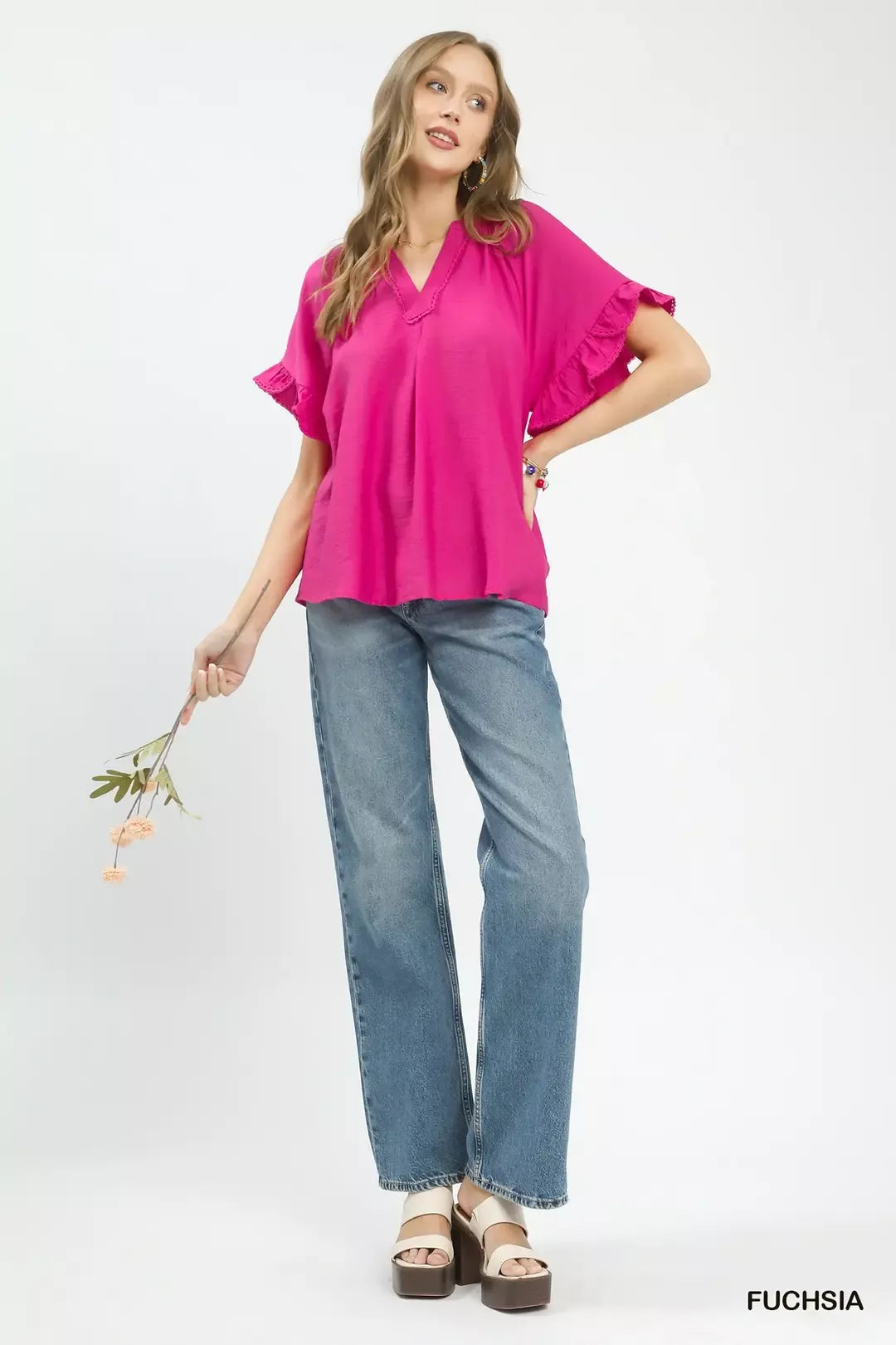 Umgee Ruffle Sleeve V-Neck Flutter Blouse 9fe4387a-788d-409c-90c4-59408c1c0c69-Max-Origin