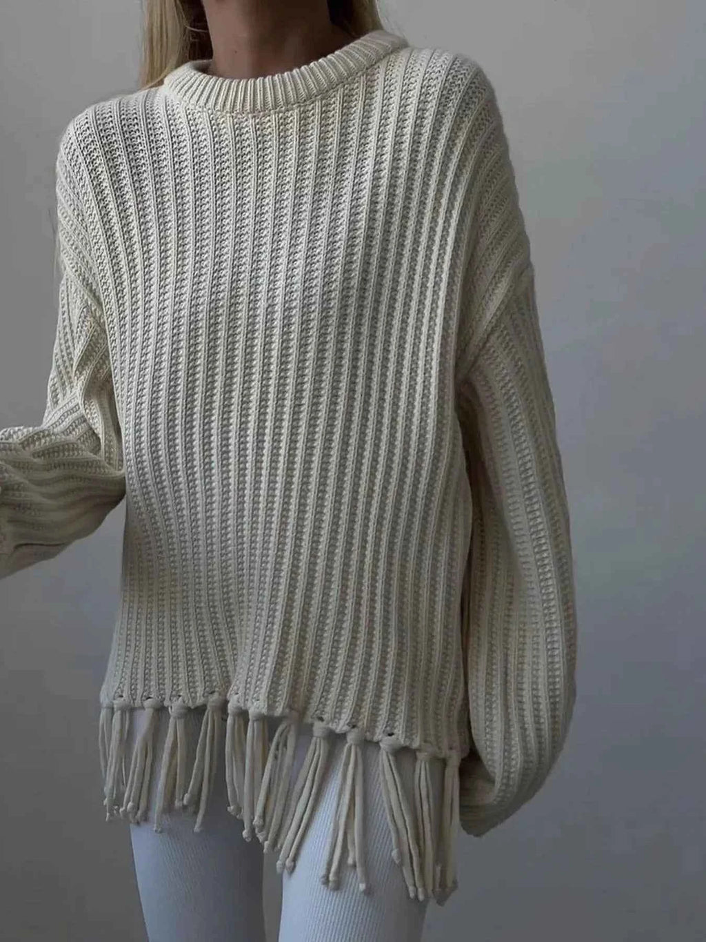 Fringe Round Neck Long Sleeve Sweater 9fea2ee9e3b246889ebac9dac19792ce-Max-Origin