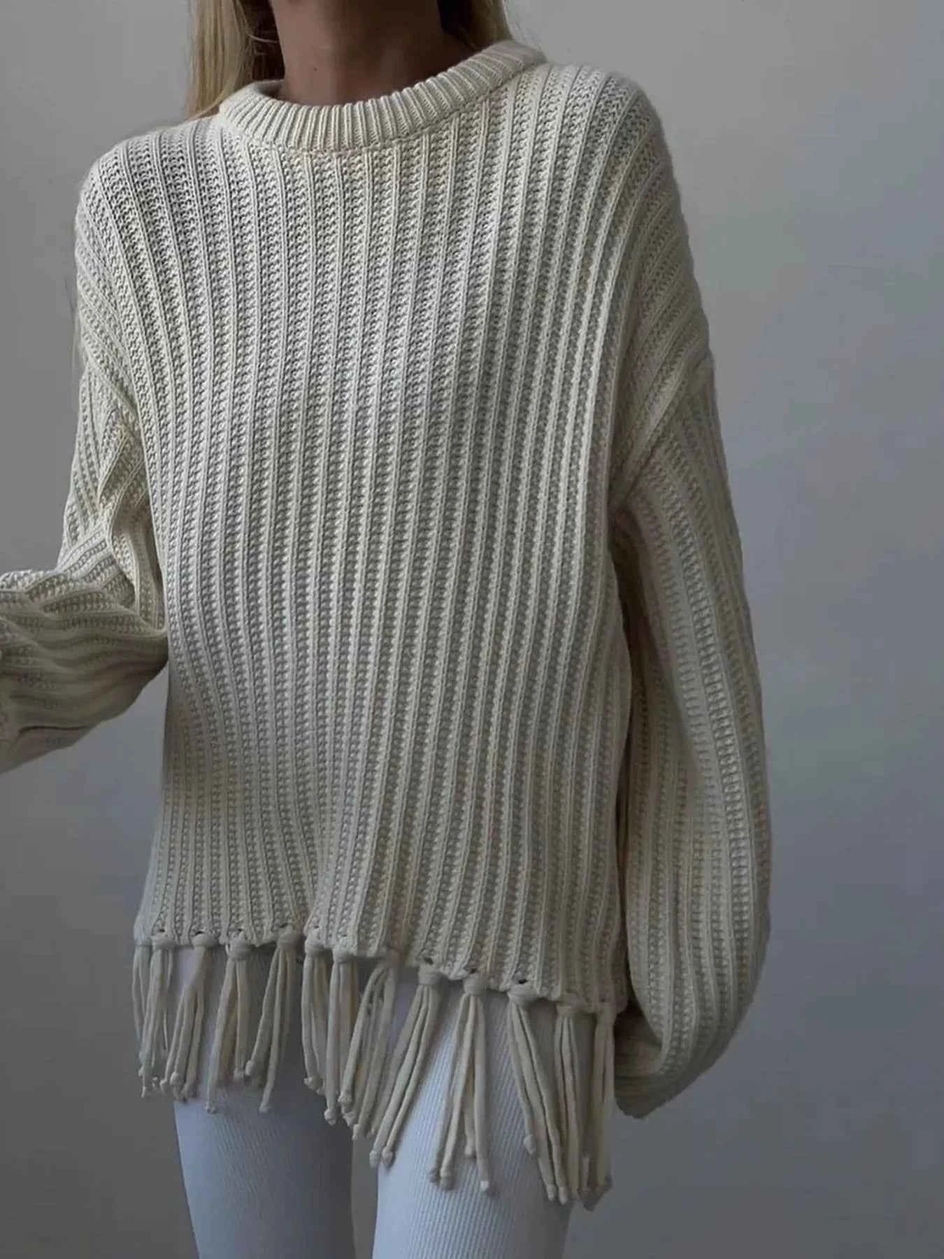 Fringe Round Neck Long Sleeve Sweater 9fea2ee9e3b246889ebac9dac19792ce-Max-Origin
