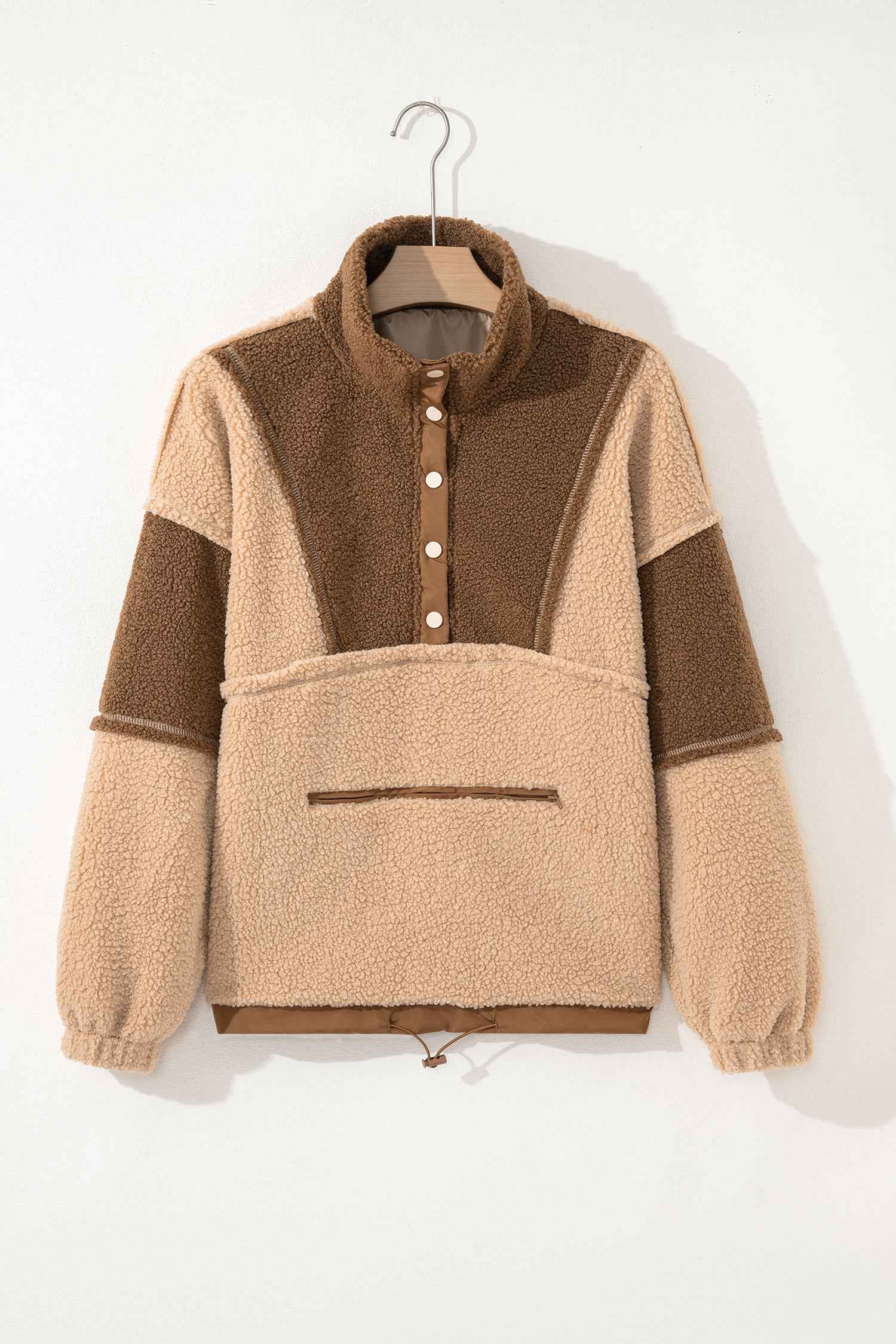 Straw Yellow 2-tone Color Block Patchwork Half Button Sherpa Sweatshirt 9feb1cab95d63f7d