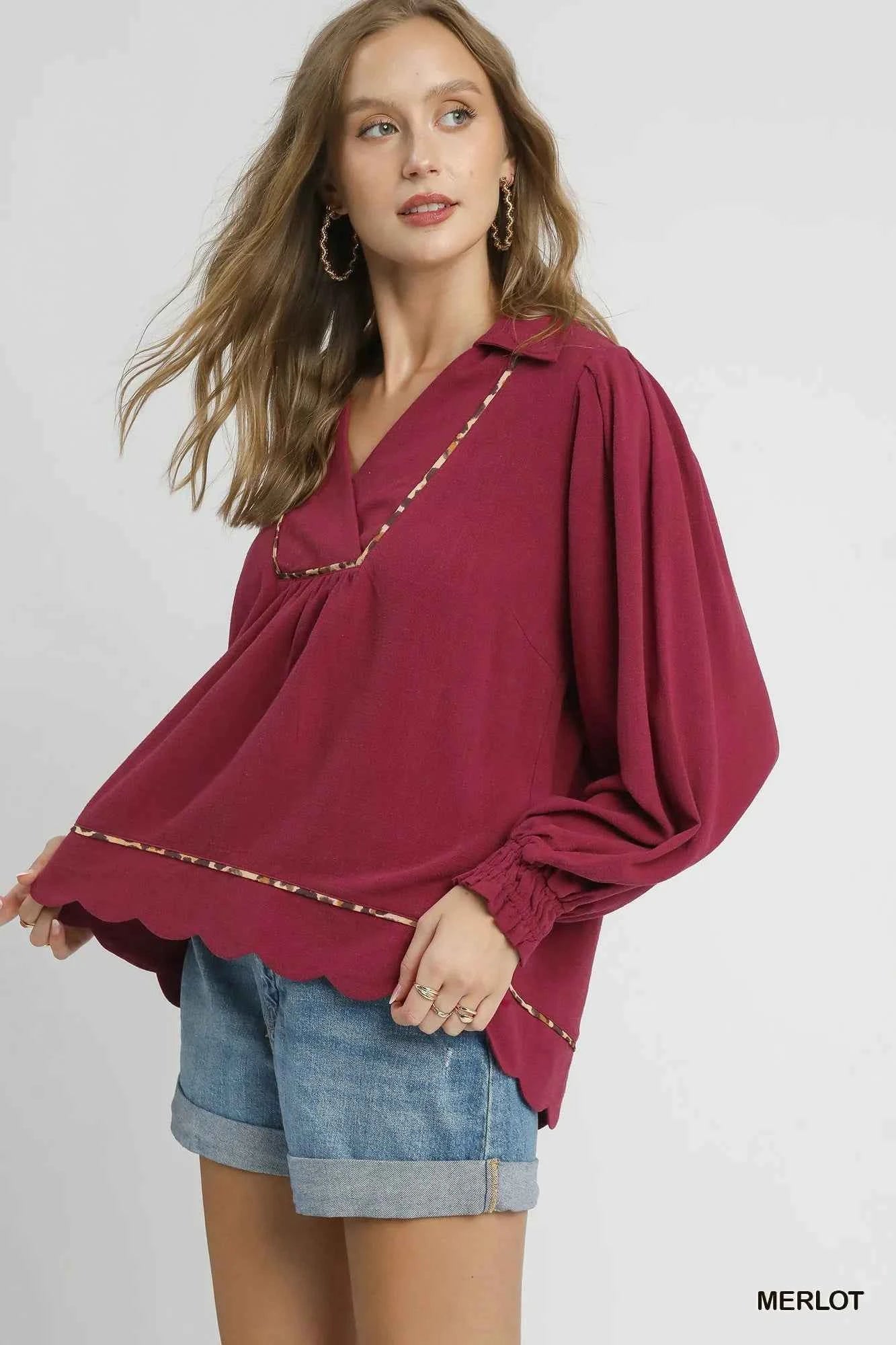 Umgee Full Size Linen Scallop Hem Blouse with Contrast Trim Plus Size 9fed8d4c-0393-4b58-a811-d00357659c15-Max-Origin