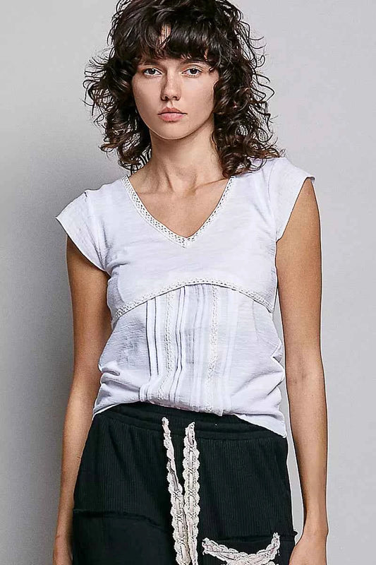 POL V-Neck Lightweight Textured Short Sleeve Knit Top with Lace Trim OFF WHITE 9fee3833-2472-4e14-99b7-a4db64709607-Max-Origin