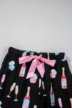 Color black Christmas Wine Glass Print Bow Knot Two Piece Pajama Set 9ff234ad0da42b14