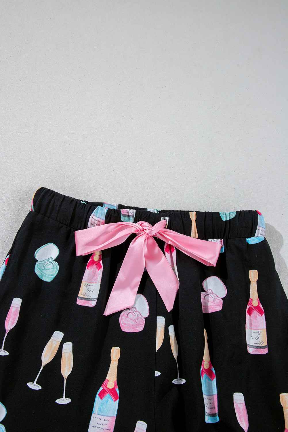 Color black Christmas Wine Glass Print Bow Knot Two Piece Pajama Set 9ff234ad0da42b14