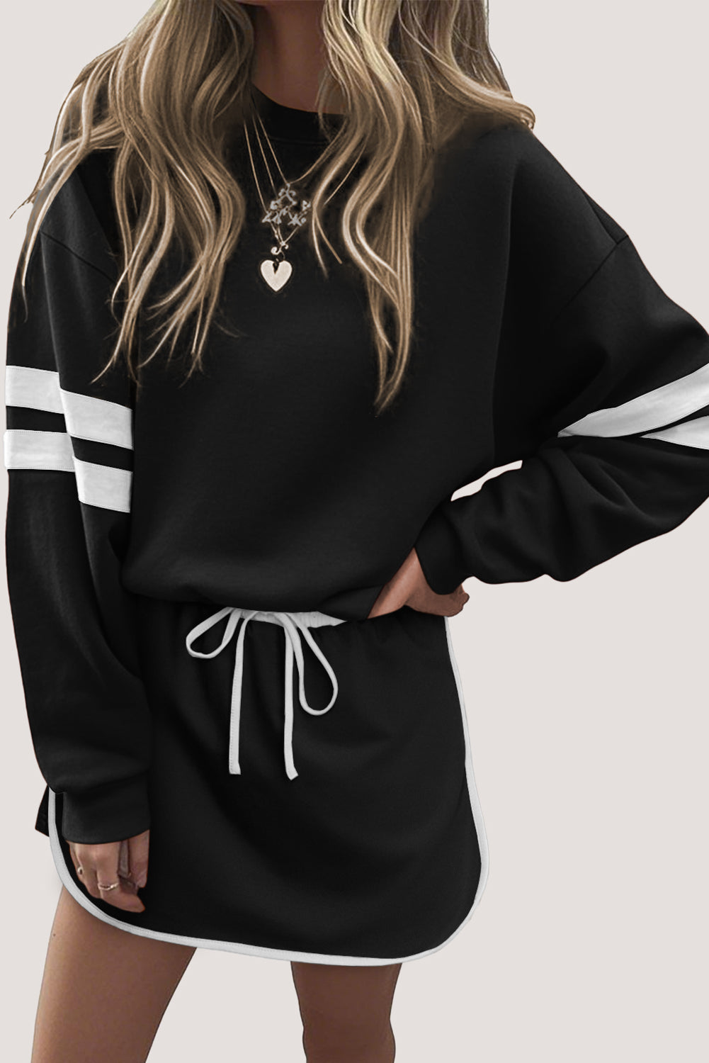 Tillandsia Purple Varsity Stripe Detail Drop Shoulder Pullover Mini Skirt Set 9ff5d1d8d38298c0