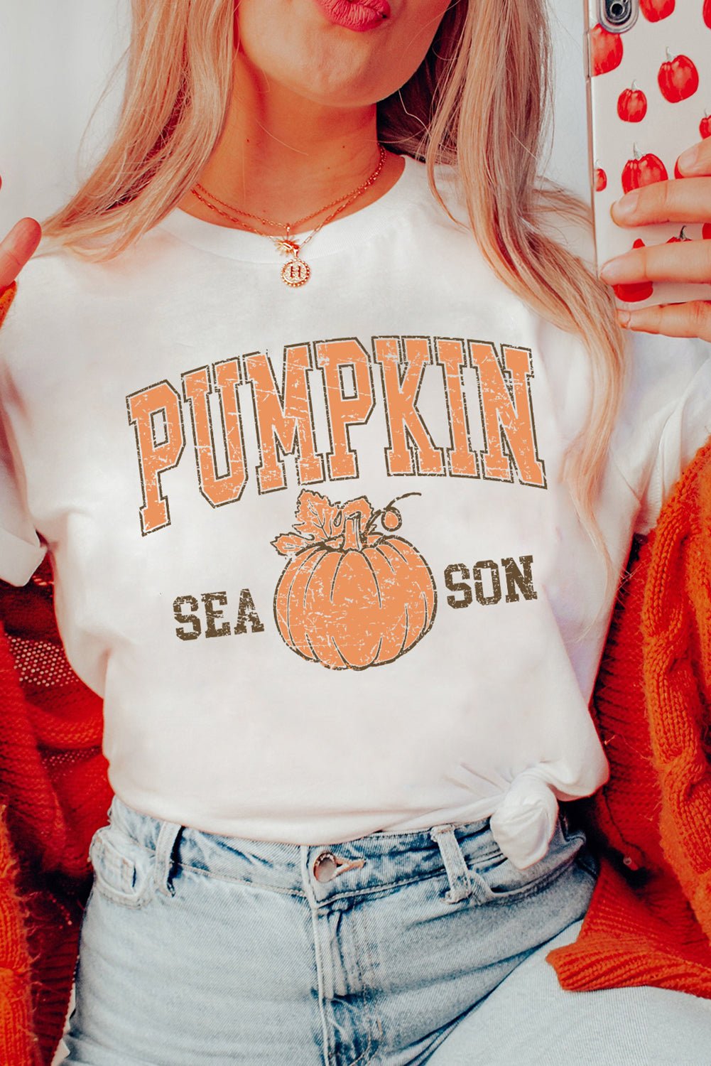 White PUMPKIN SEASON Cracking Heat Transfer Printing Cotton Blend T Shirt 9ff905bcc2e452bd