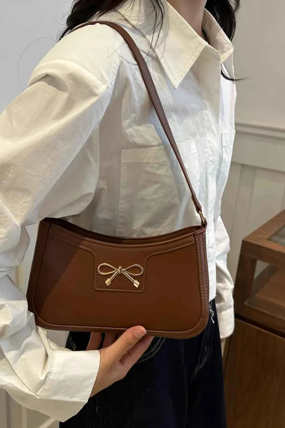 Bow Trim PU Leather Shoulder Bag 9ff98788-8752-4229-b4ca-4e0ad673dd2a-Max