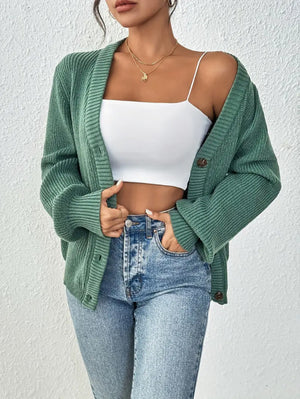 V-Neck Open-Front Knit Cardigan Light green A12A45271E669C07760EFC3960727A74