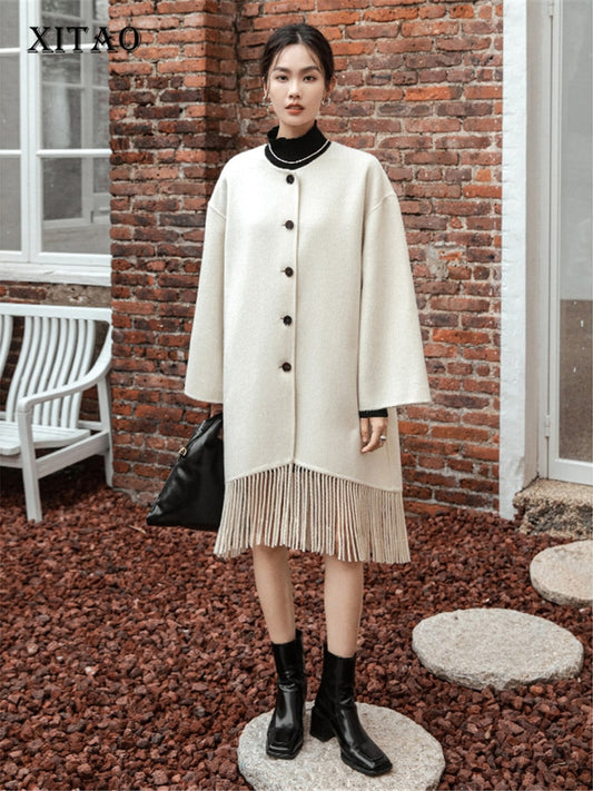 Autumn And Winter New Full Wool Long Tassel Knitted Overcoat Design Feeling Double-Sided Wool Cloth