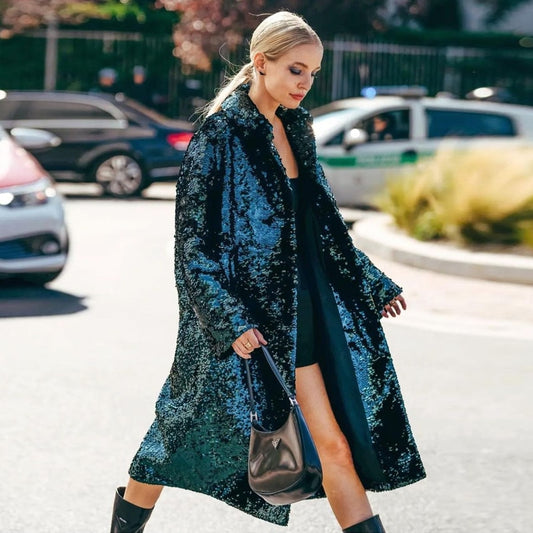 Women's Green Sequin Mid-Length Coat | Back-Slit Jacket