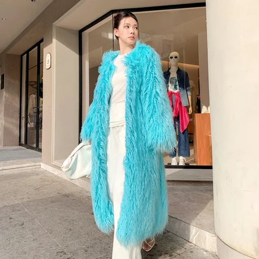 Light Blue Faux Fur Long Coat for Women