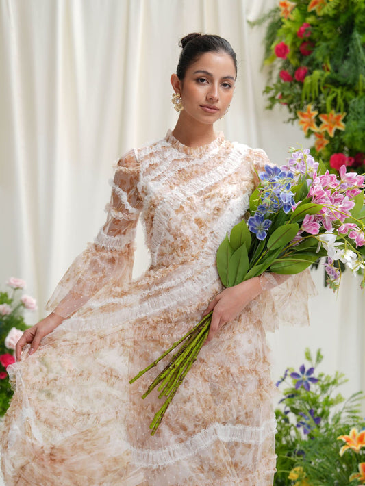 European Floral Tulle Ruffle Maxi Dress