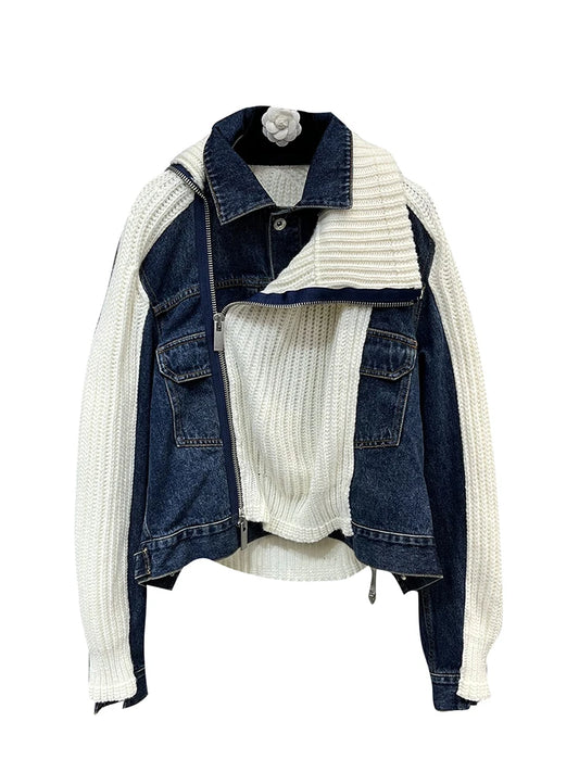 Spliced Denim Zipper Fake Two Piece Knitted Cardigans For Women o Collar Long Sleeve Designer Coat Autumn
