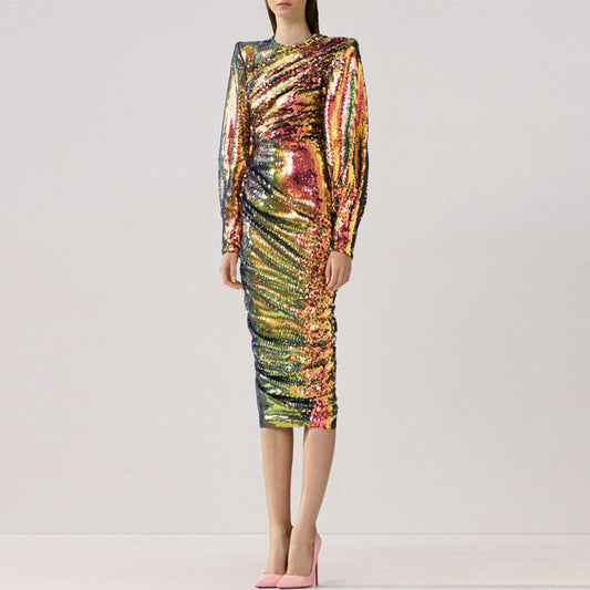 Women Elegant Midi Dress New Round Neck Long Sleeve A Line Evening Party Dresses Fashion Tide Autumn Summer 13DA2759