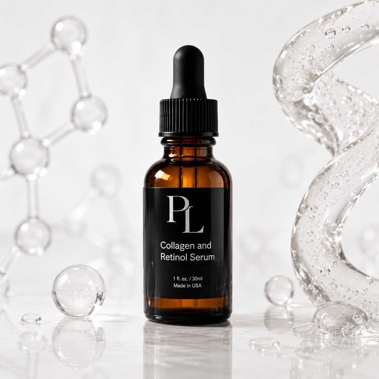 Collagen and Retinol Serum bottle with dropper on a reflective surface with molecular structure background