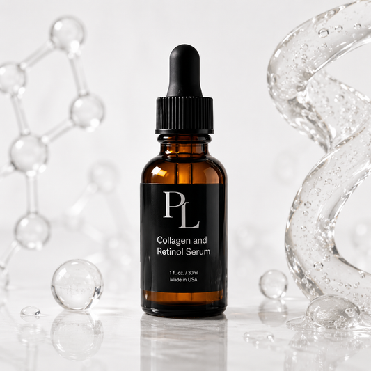 Collagen and Retinol Serum bottle with dropper on a reflective surface with molecular structure background