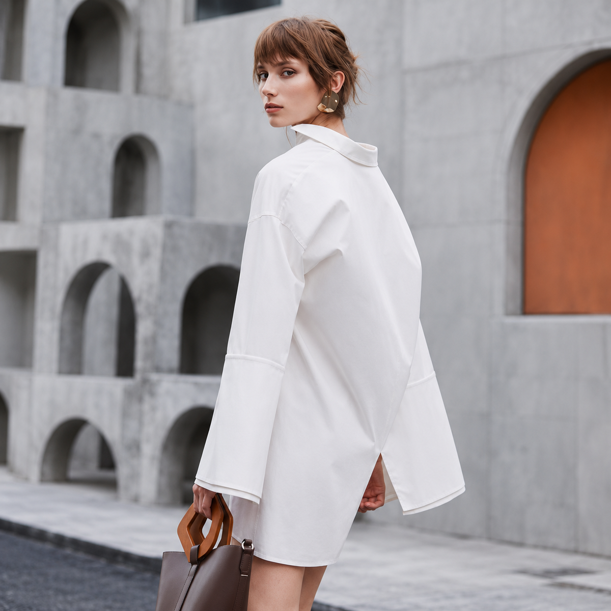 The Relaxed Single-Breasted Shirt Dress ArchitecturalStreetscapeFashionPortrait