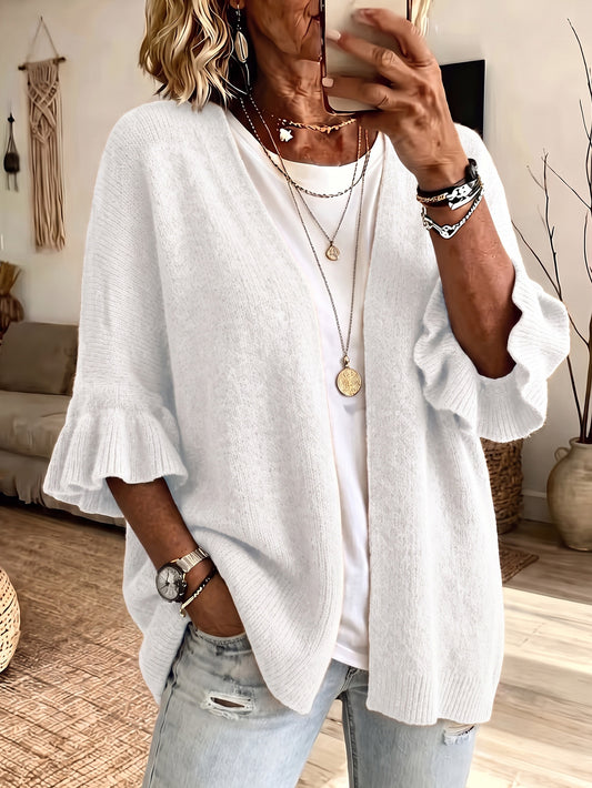 Open-Front Three-Quarter Sleeve Knit Cardigan