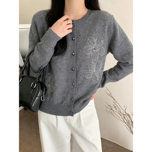 The Sculpted Floral-Detail Wool Cardigan Gray B404B3E873EC4A70AB0E88FB4DAE78C1