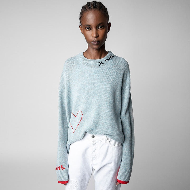 The Blue Love-Embroidered Cashmere Sweater B4DE1740A6F417B80819910C88AEC137
