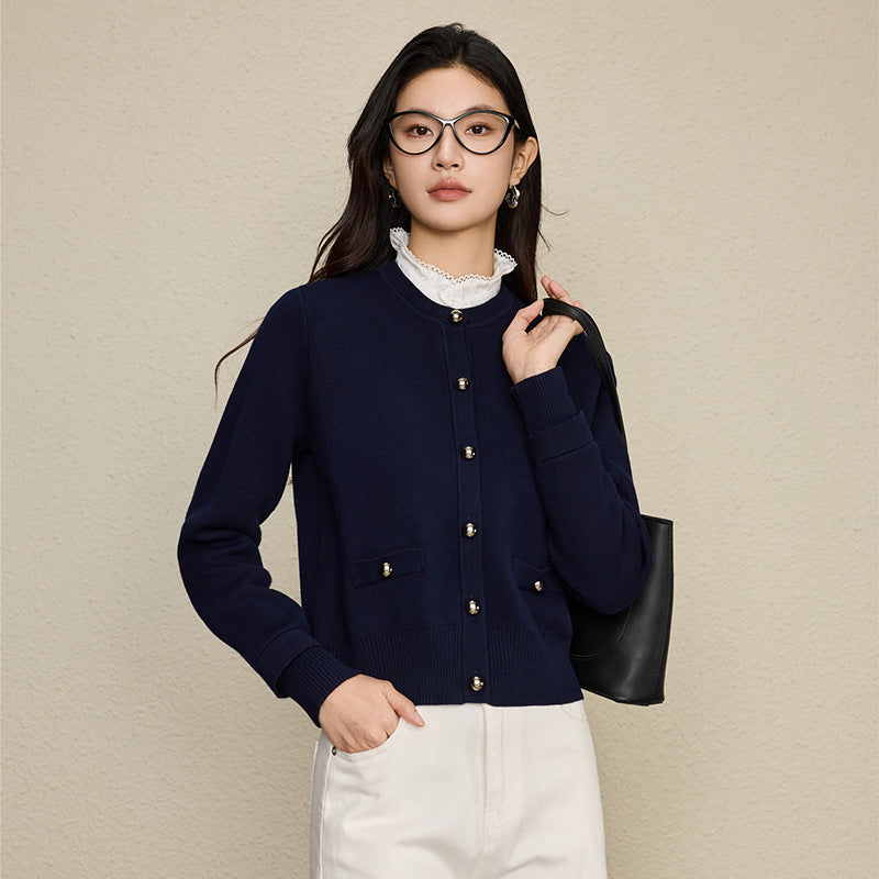 The Lace-Collar Pocket Knit Cardigan Navy Blue B6045DF89B1910B82440350893EBD7A4