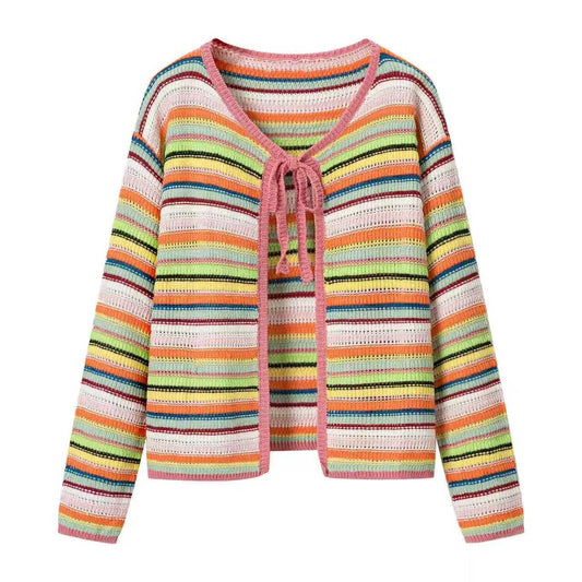 Rainbow Stripe Lace-Up Knit Cardigan
