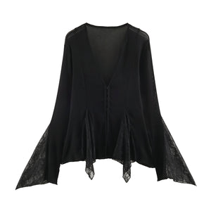 Lace Spliced V-Neck Top Black BC5D370FC16399EBBD0207CA9F895870