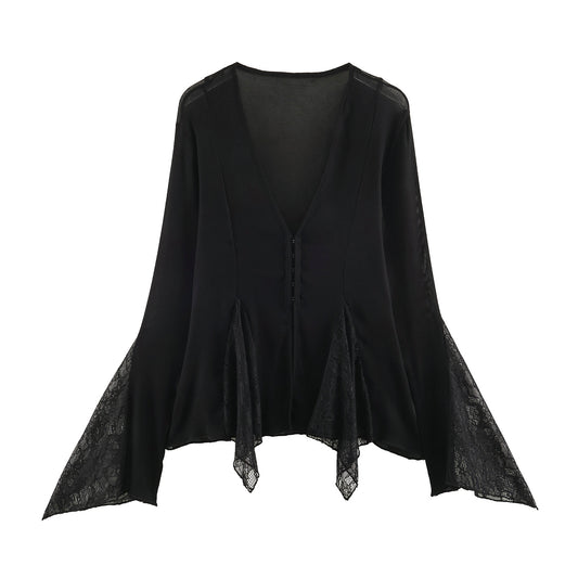 Lace Spliced V-Neck Top