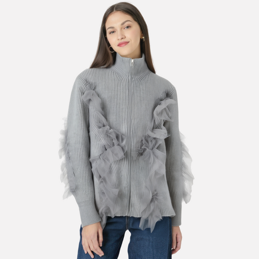 The Sheer-Panel Stand-Collar Zip Cardigan BEA8F75630E054F8B3A5E17BC2450D3F