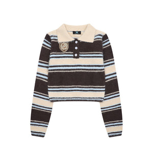 Contrasting Striped Flip-Collar Sweater BFFAD19FC64BB63845EA29212A44688A