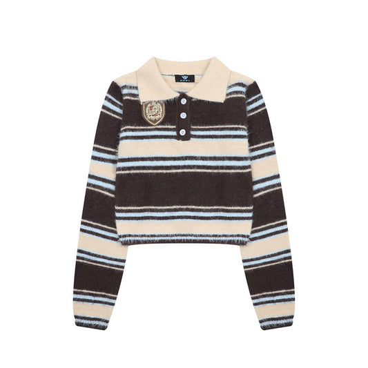 Contrasting Striped Flip-Collar Sweater